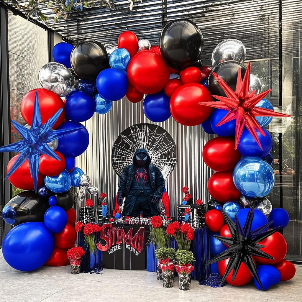 Red Blue Black Balloon Arch Kit - Double Stuffed Royal Blue Red Silver Balloons Garland
