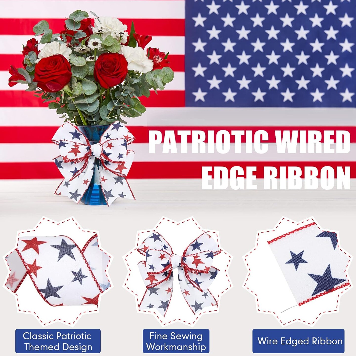 2 Rolls Patriotic Ribbon 4th of July Ribbon Red White Blue Independence Day Flag Decorations 2. 5 Inch