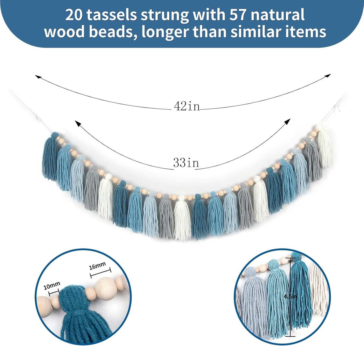 Yarn Tassel Garland with Wood Beads Boho Bunting Banner Wall Hanging(Light Blue)