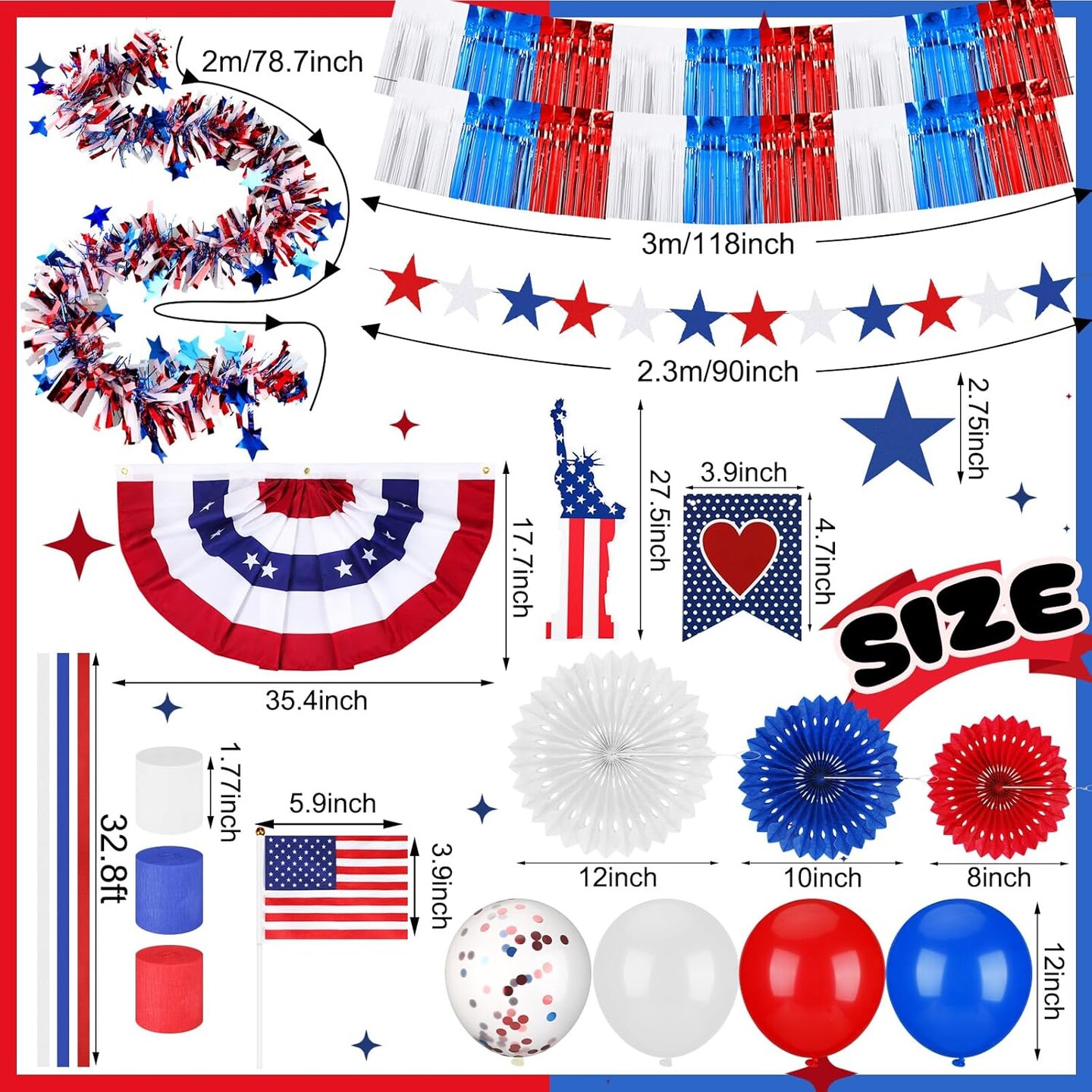 4th of July Golf Cart Decorations Kit Parade Patriotic Red White Blue Tinsel Garlands American Flag Crepe Paper Streamers Balloons Banners