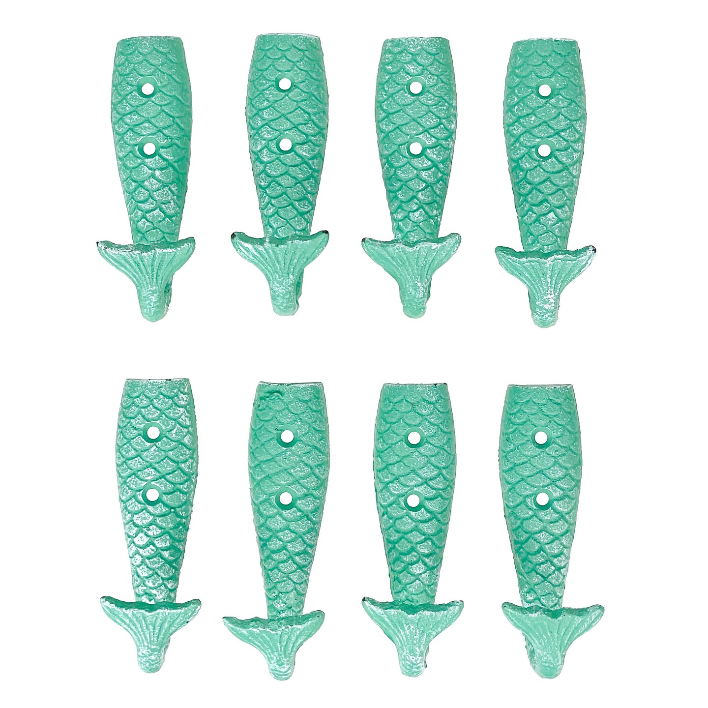 Set of 8 Cast Iron Mermaid Tail Wall Hooks Green Nautical Coastal Decor