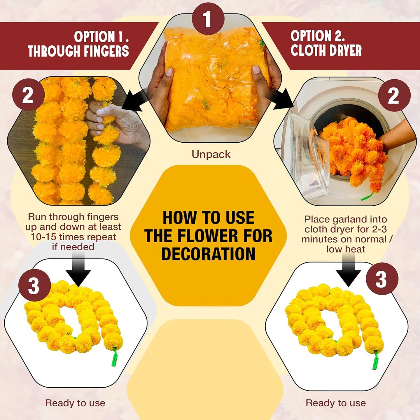Marigold Garland for Decoration 5 feet Long Strands Artificial Marigold Flowers (Orange)
