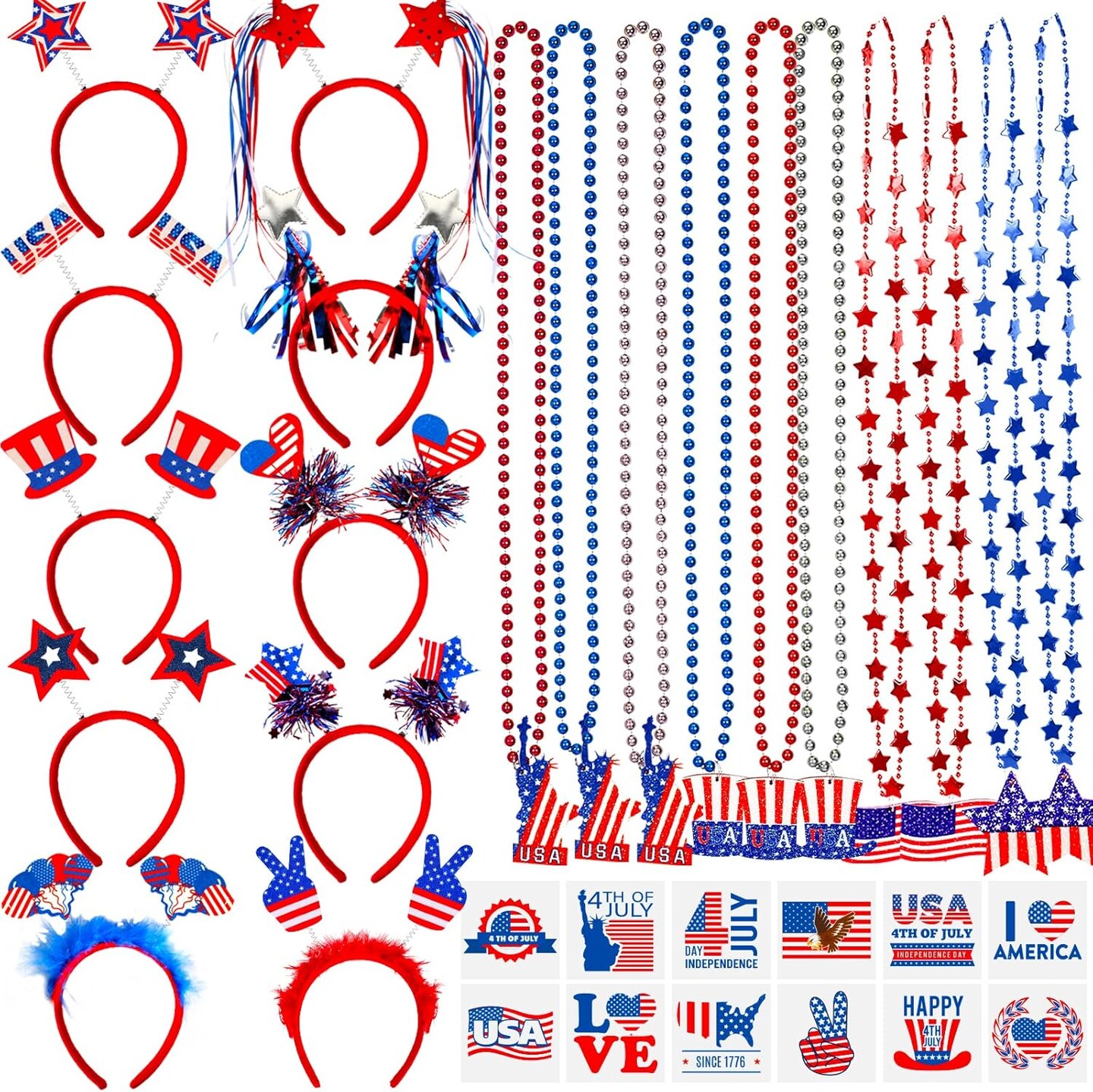 92Pcs Patriotic Party Favors Set, 4th of July Accesories Headbands Bulk with Bead Necklaces Tattoo Stickers