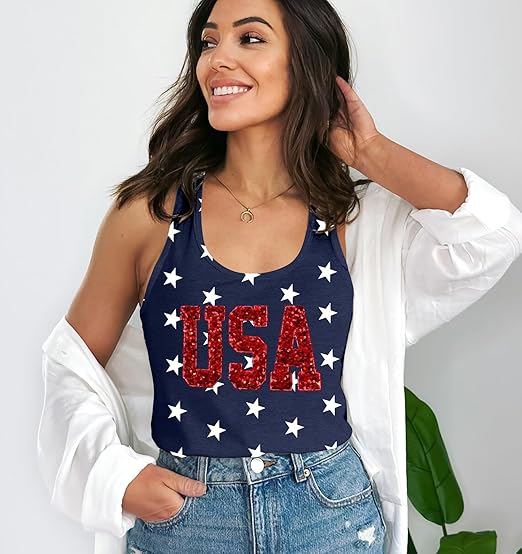 American Flag Tank Top Women USA Star Sequin Sleeveless Tee Patriotic Shirt 4th of July