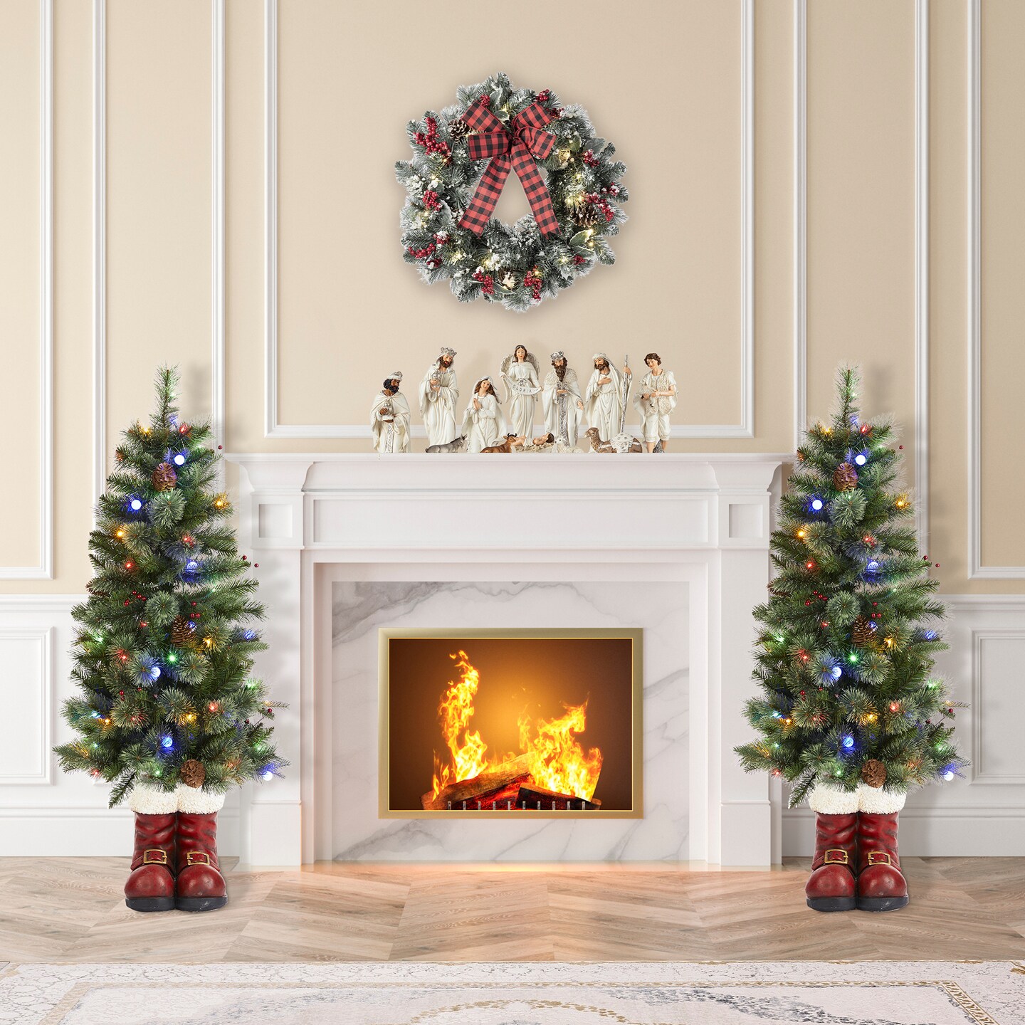 Set of 2 4.5ft Christmas Santa Boots Porch Tree With LED Lights, 9 function w/Foot Pedal