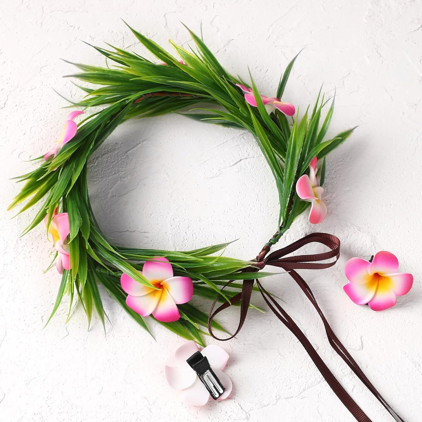 Hawaiian Flower Crown Headband - 3 Pcs Hawaiian Plumeria Flower Hair Clips Pink