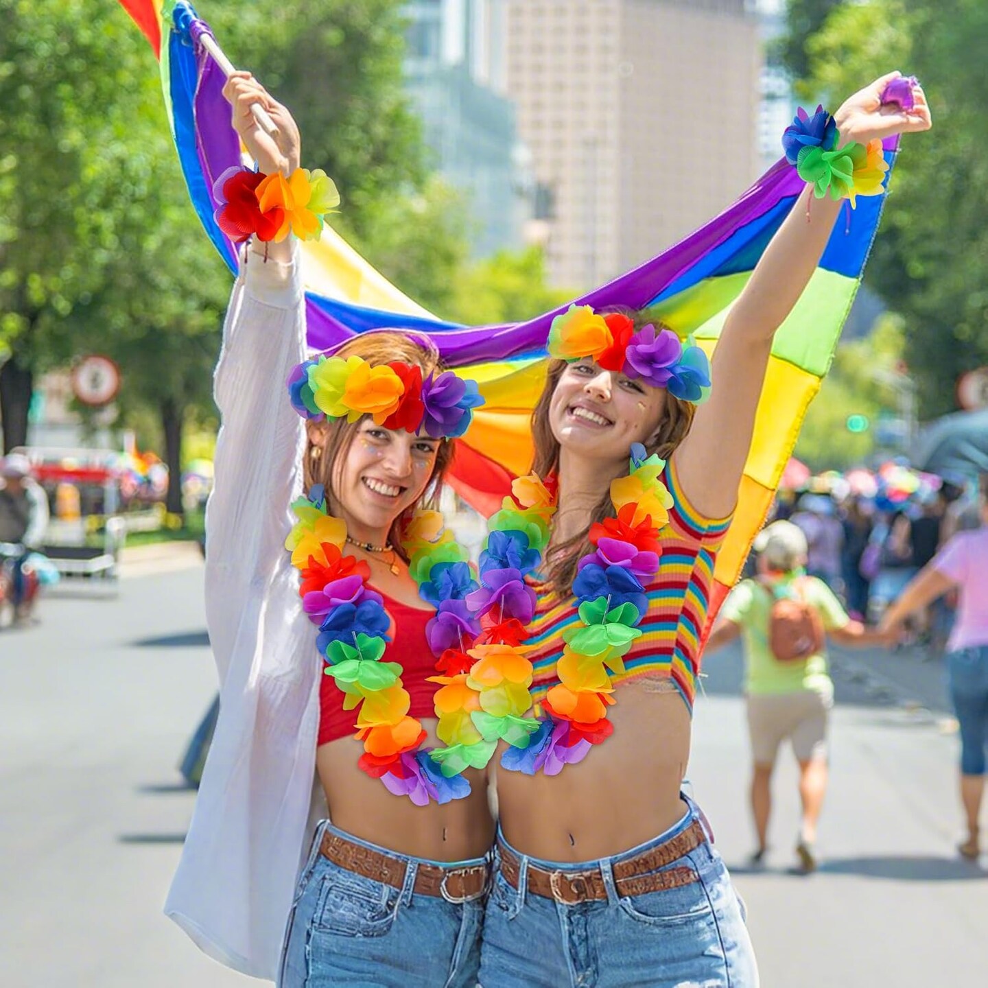 96 Pcs Rainbow Hawaiian Leis Set, Pride Month Hawaiian Floral Lei with Headband and Bracelets(Rainbow)