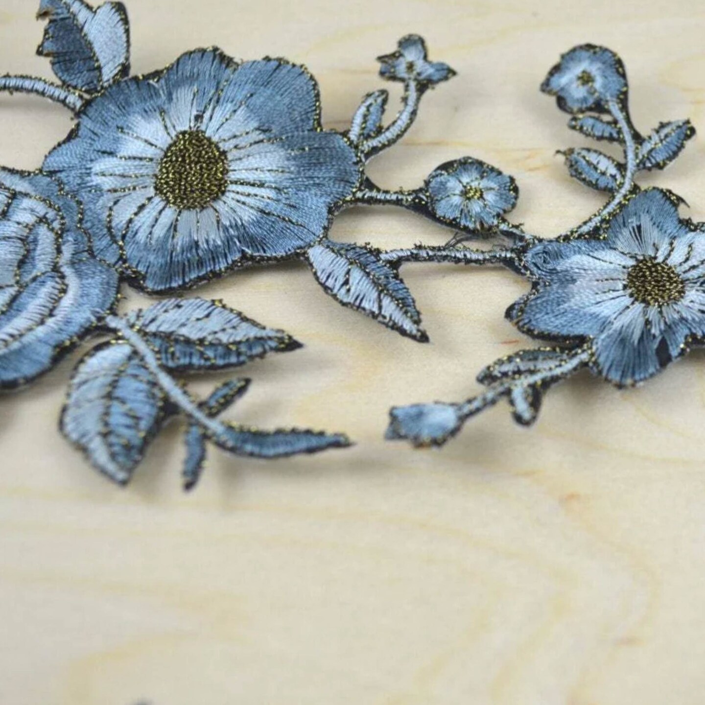 2 Pieces Large Pale Blue Flower Embroidery Patch with Antique Gold Detailing and Iron On Backing