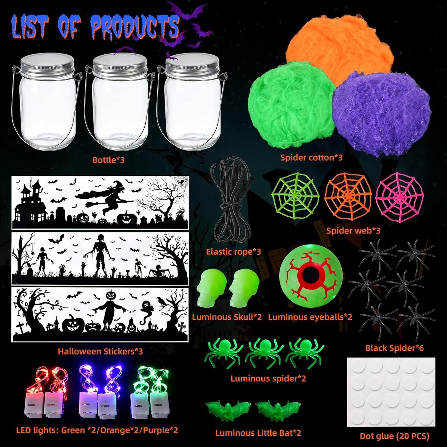 Halloween DIY Lantern Craft Kit, 3 Pack Glass Mason Jar with Accessories Halloween Crafts for Kids Adults Halloween Garden Creative Activities Halloween Decoration Art Project Gifts