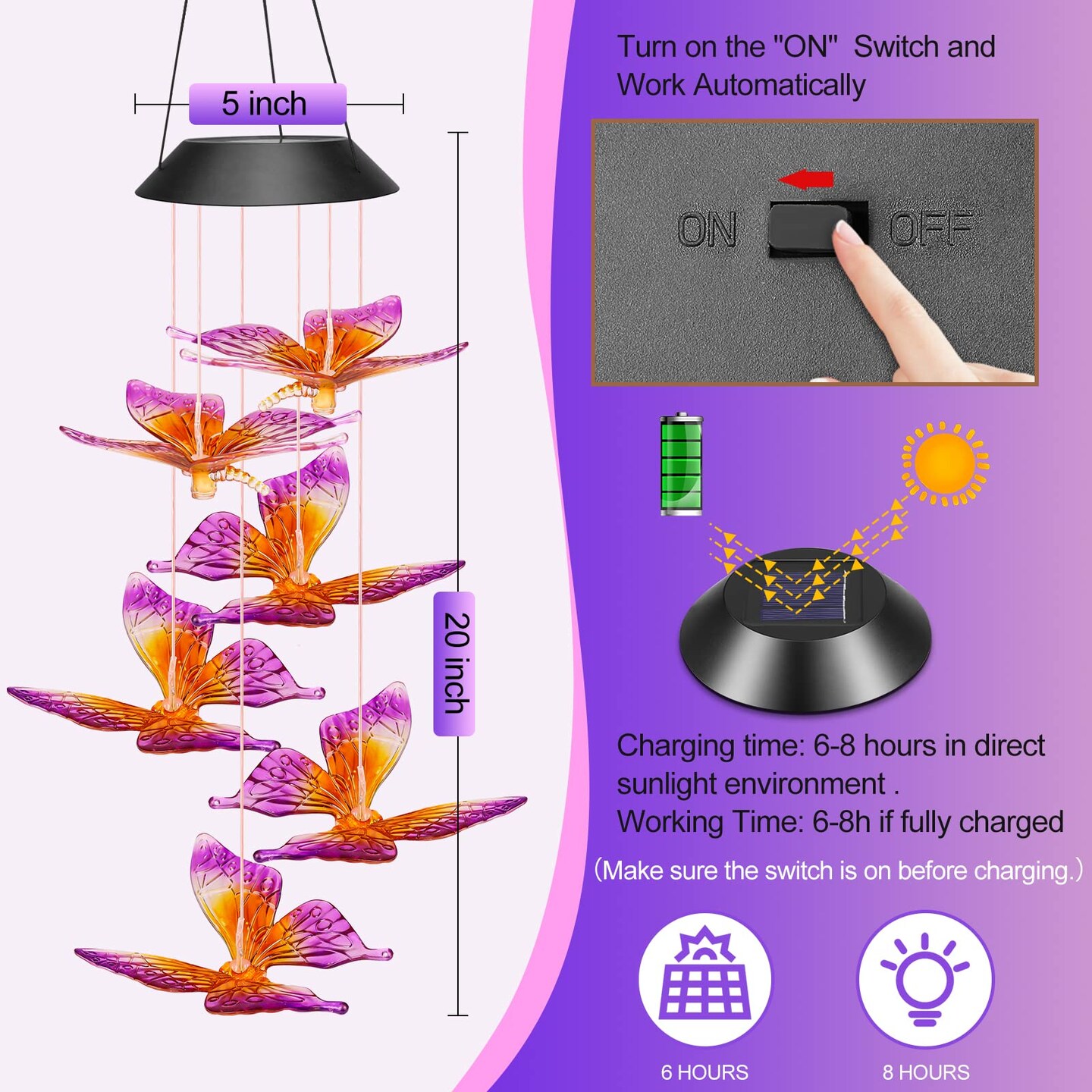 Butterfly Solar Wind Chimes for Outside Solar Lights Outdoor Decor Hanging Mobile for Garden Birthday Gifts for Women