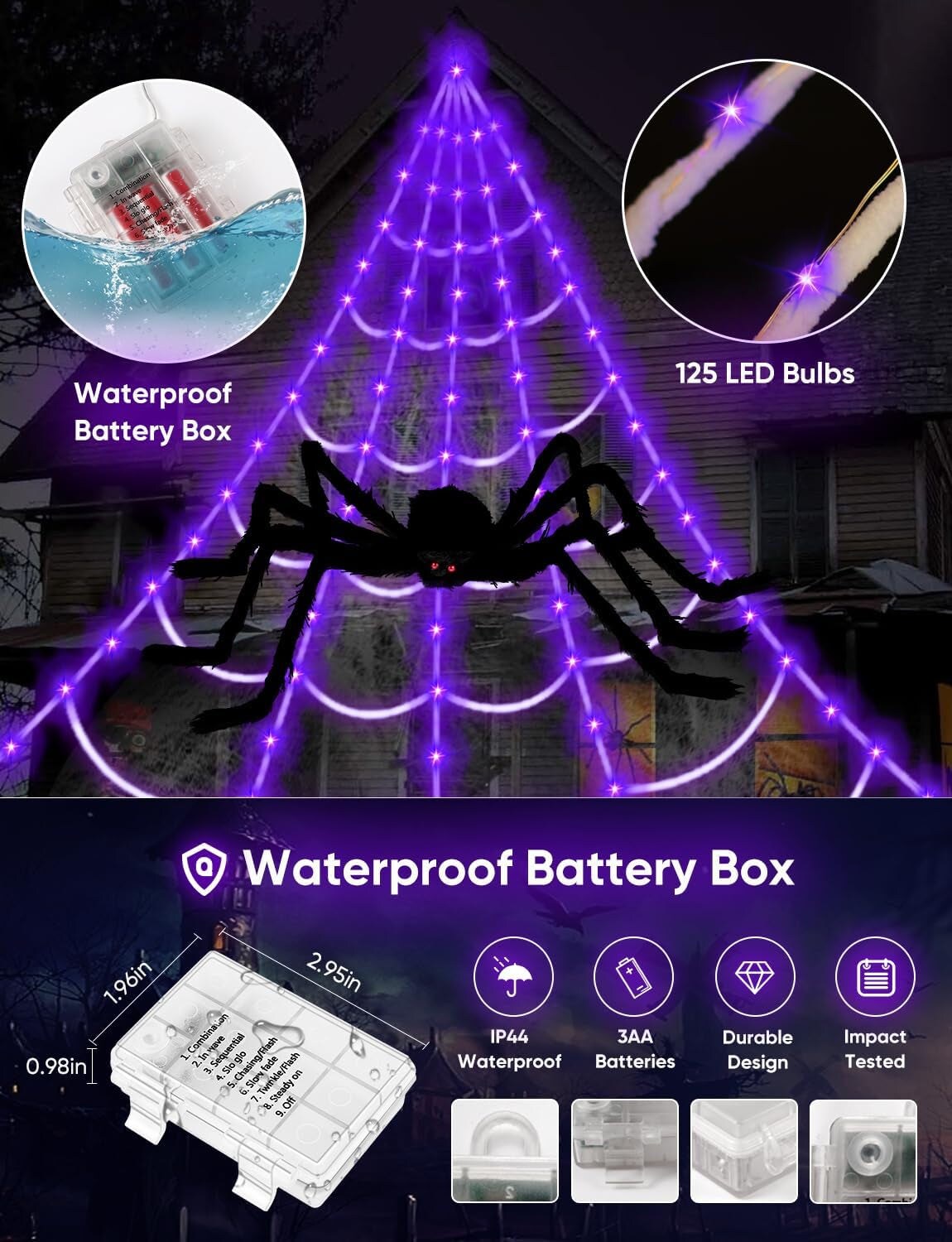 Spider Webs Halloween Decorations Lights - 250 Leds 16.4Ft Outdoor Battery Operated String Purple Halloween Lights with 8 Modes Remote Control Spiderweb,60&#x22; Large Spider,Waterproof (Purple)