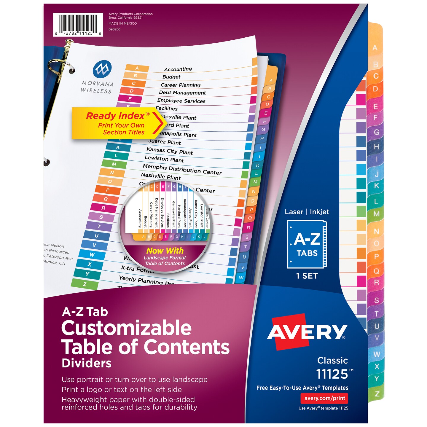 Avery Ready Index A-Z 26 Tab Binder Dividers, Customizable Table of Contents, Multicolor Tabs, 1 Set (11125) - 12 Pack