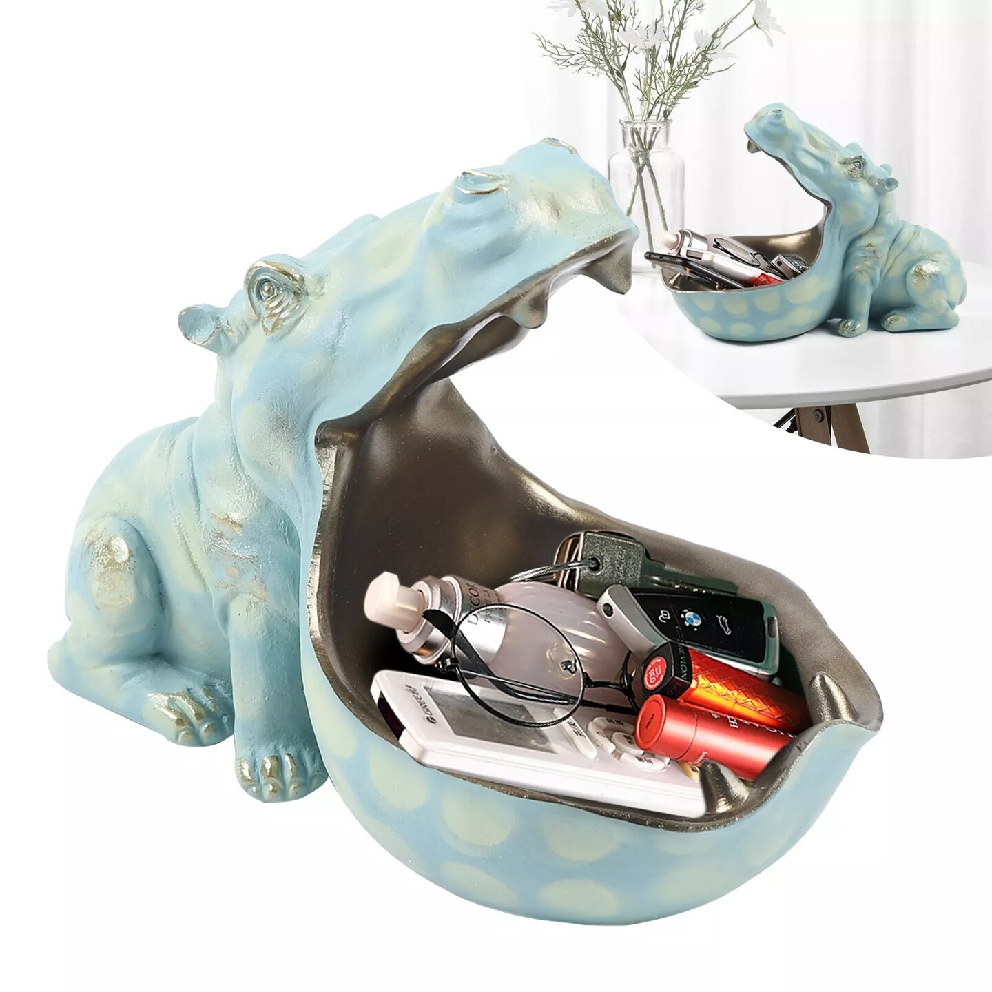 Resin Hippopotamus Statue Sculpture Figurine Key Candy Container Home Decoration
