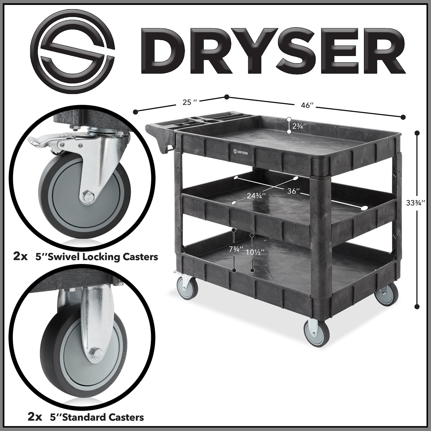 Dryser Utility Service Cart with Wheels, 46&#x22; x 25&#x22; Heavy Duty 550 lb. Capacity with Shelves - 3 Tier Rolling Cart with Two 5&#x22; Swivel Casters for Warehouse, Garage, Cleaning
