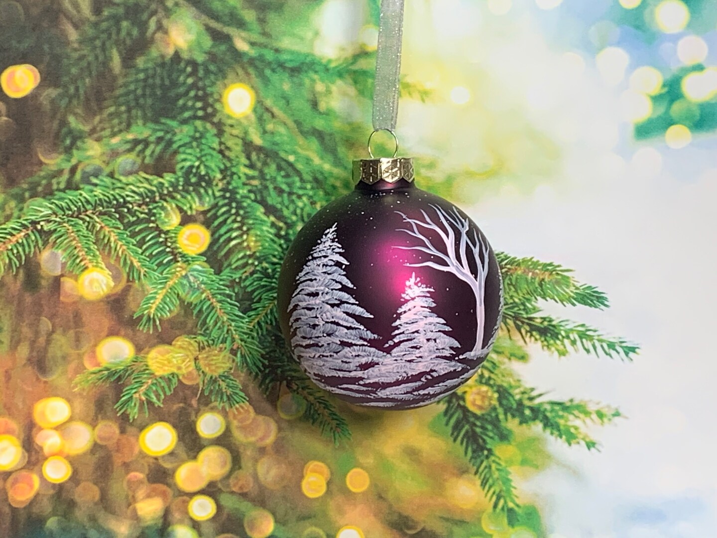 Snow covered trees painted on plum matte glass ornaments, glass Christmas  keepsake ornaments, gift box optional | MakerPlace by Michaels, image size:1440x1080