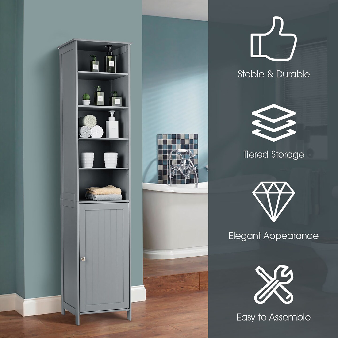 Costway 72''H Bathroom Tall Floor Storage Cabinet Shelving Display Grey\White