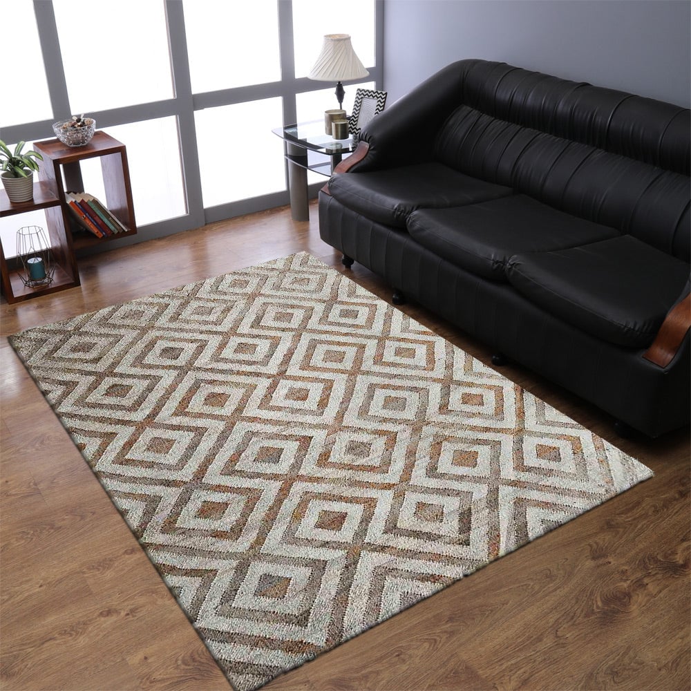 Rugsotic Hand Woven Kilim Jute Area Rug Geometric White Beige J00028 5X7