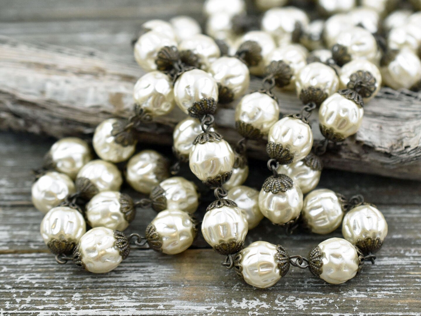 10mm Czech Glass Cream Baroque Pearl Chain with Bronze Caps -- Sold By The Foot