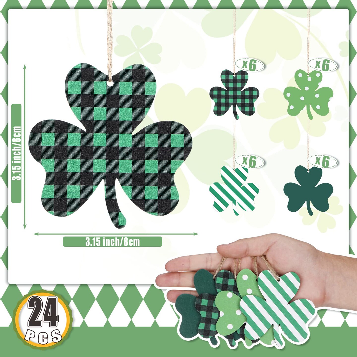 24 Pieces St Patricks Day Decorations Shamrocks Wooden Ornaments Wooden Shamrocks Clover Ornament Shamrock Wooden Cutouts Hanging Ornament with Rope for St Patrick&#x27;s Day Tree Table Decor (Simple Style)