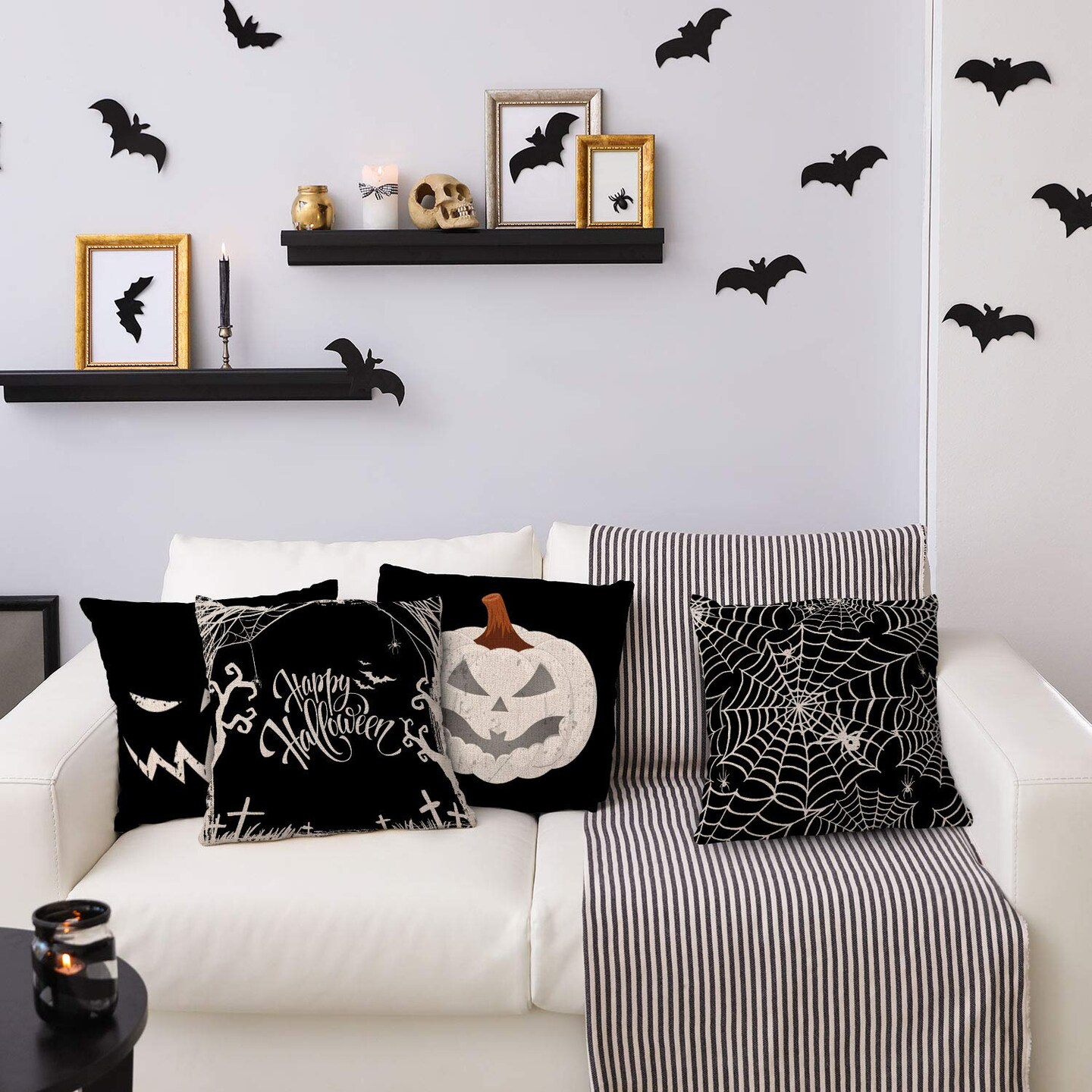 4 Pieces Happy Halloween Pillow Cover Pumpkin Spider Web Pillow Case Black Linen Throw Cushion Cover Cushion Cases for Home Office Halloween Sofa Bed Decoration, 18&#x22; x 18&#x22;