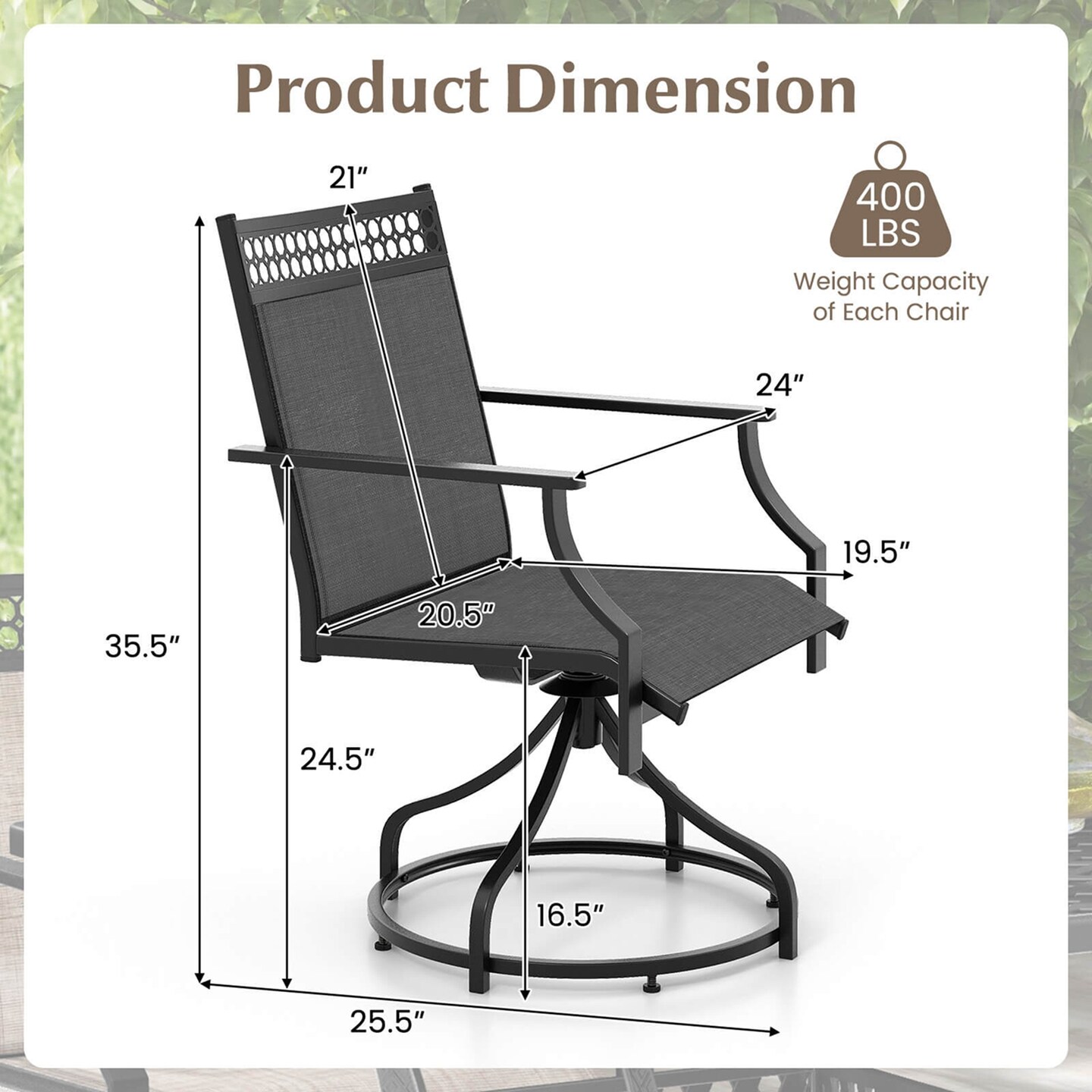 Costway Patio Swivel Dining Chairs Set of 2 with Quick-Drying Fabric and Metal Frame Brown/Gray