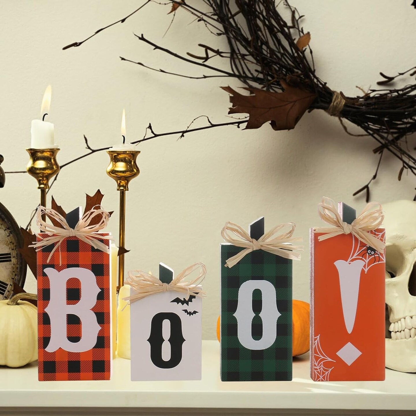 Halloween Decorations,  Wooden Boo Sign Block Tabletop Decorations, for Home Farmhouse Indoor Party Fireplace Decor.