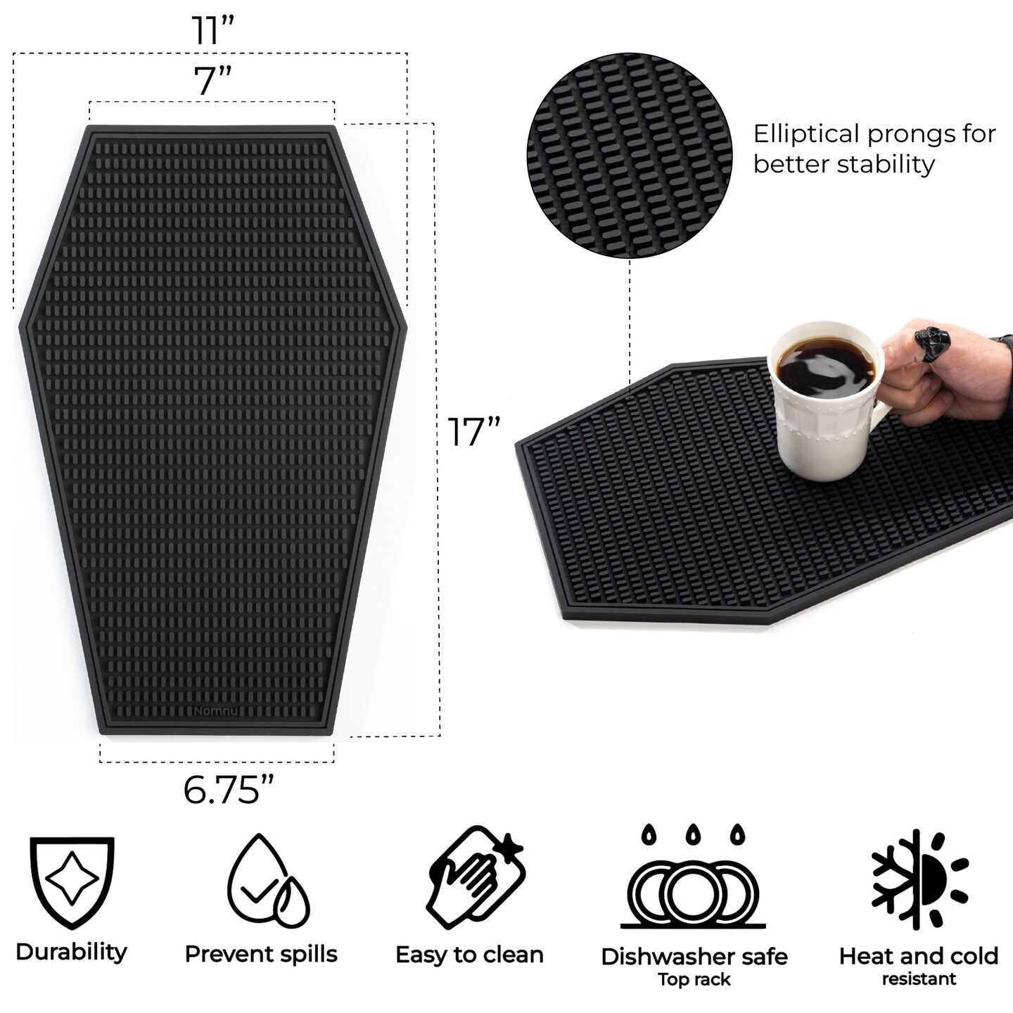 Nomnu Coffin Coffee Bar Mat For Countertop - Goth Kitchen Halloween Decor - Gothic Coffee Bar Accessories 17x11&#x22; Inch Bar Mat - Spooky Gifts Non Slip Spill Mat