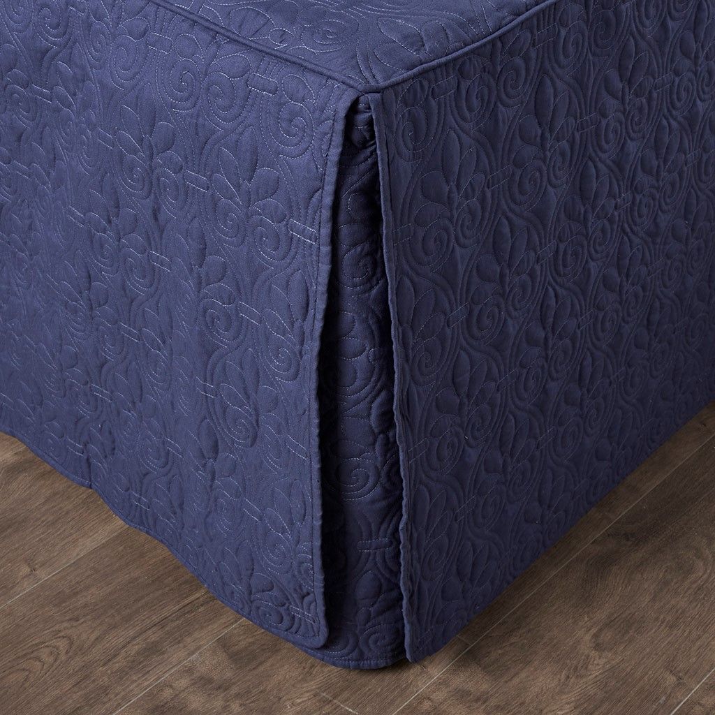 Queen Navy 3 Piece Split Corner Pleated Quilted Bedspread Set