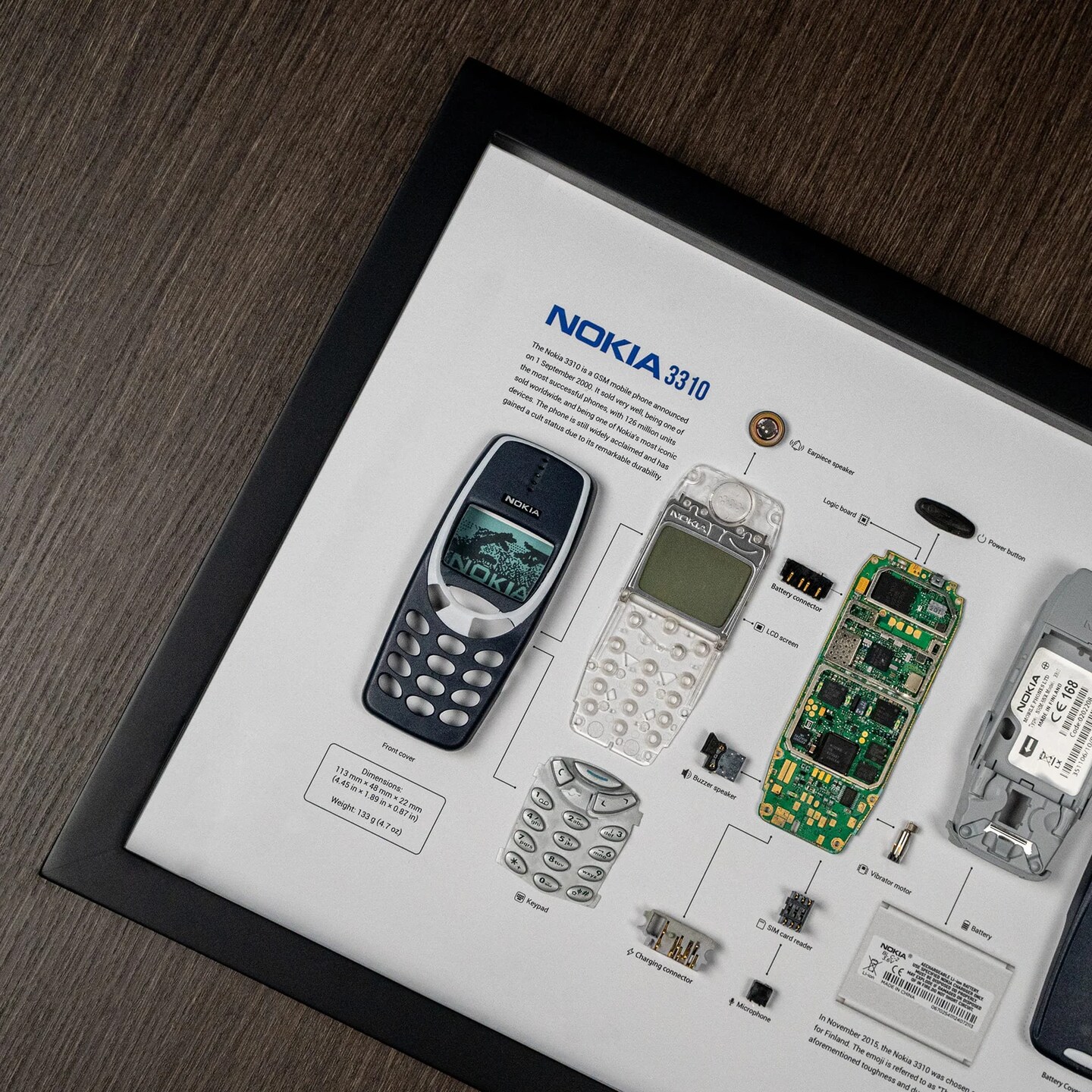 Framed Nokia 3310 Disassembled Phone Teardown Artwork Wall Art