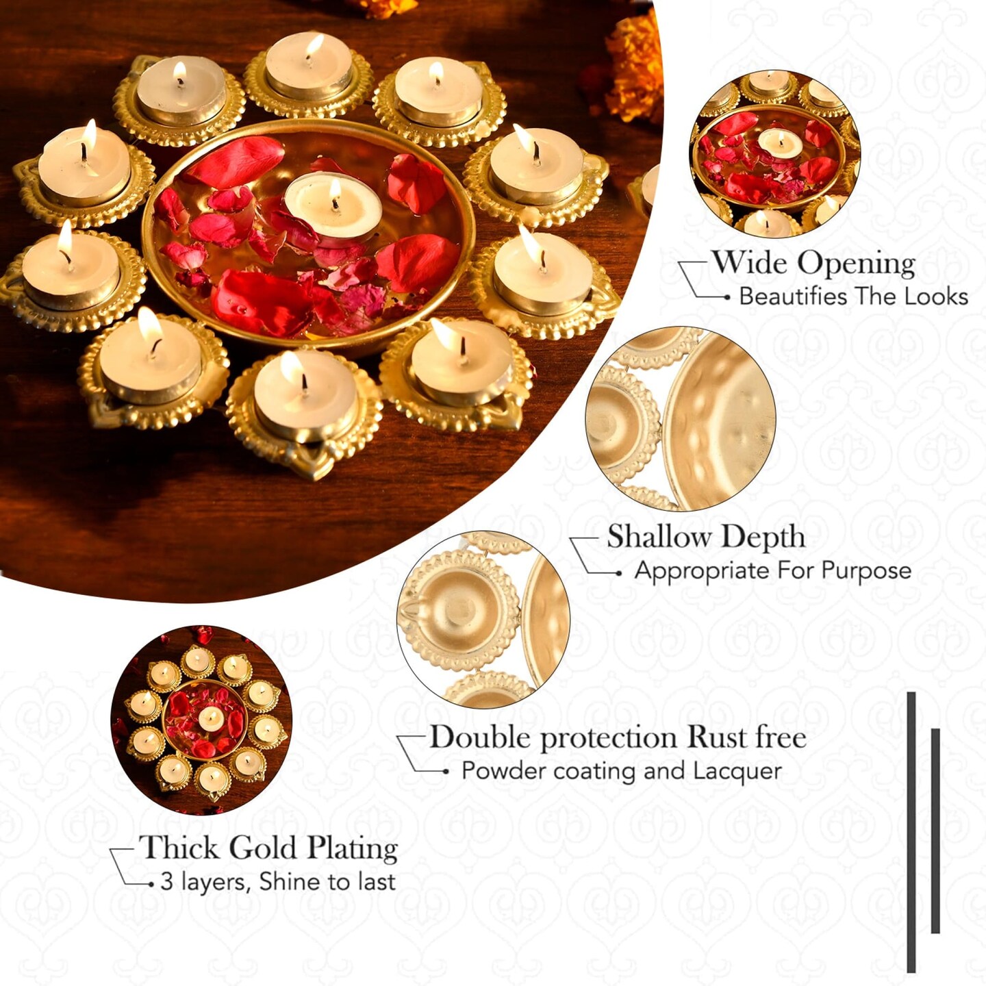 Urli Bowl Brass Finished Diya Shape Flower Decorative Urli Bowl for Floating Flowers Tea Light Candles Home Office Table Decor Diwali Decoration Indian Showpiece Items (10 Diyas)