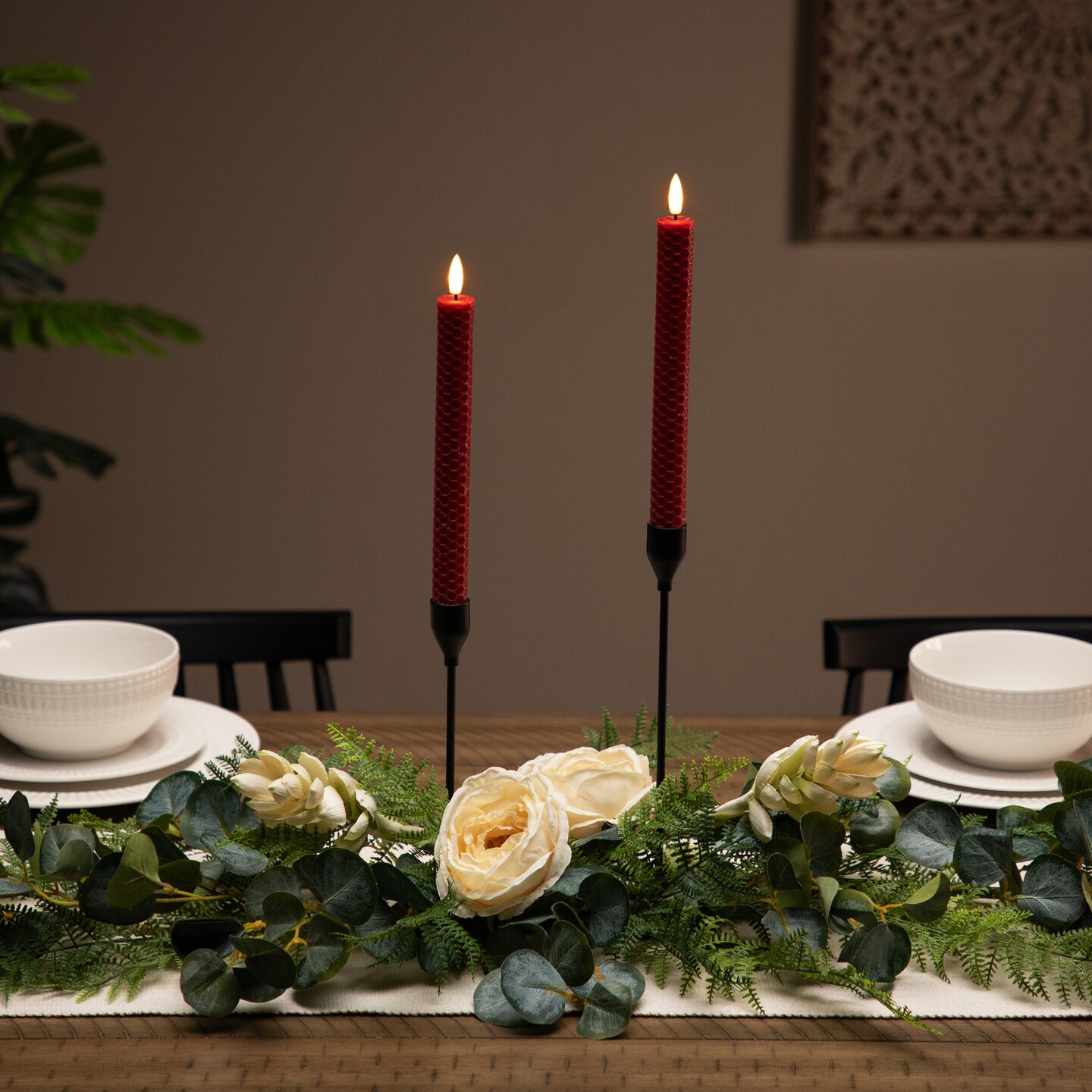 Northlight LED Flickering Flameless Taper Honeycomb Christmas Candles - 9.5" - Red - Set of 2