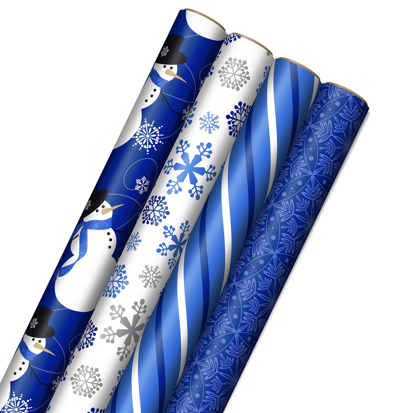 Arts Blue Christmas Wrapping Paper with Cut Lines on Reverse (4 Rolls: 120 sq. ft. ttl) Snowmen, Snowflakes, Blue and White Stripes