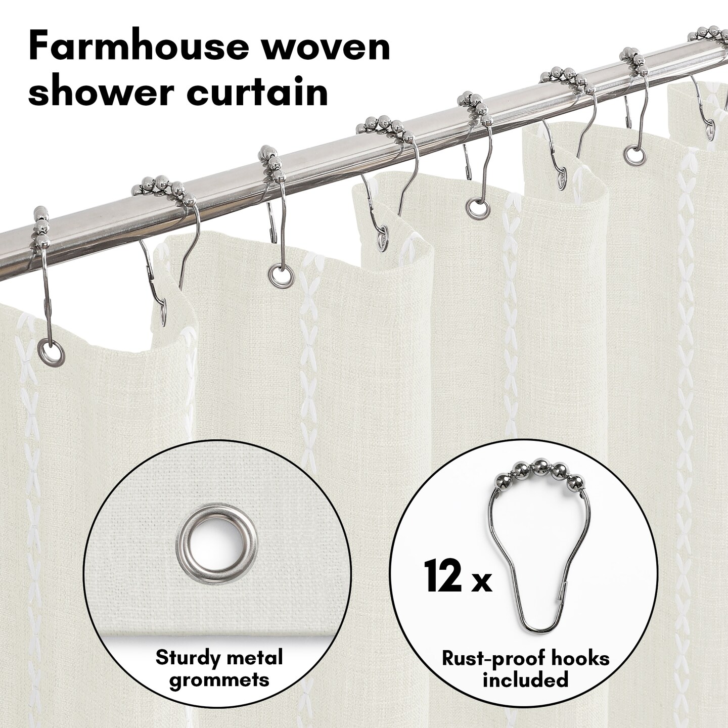 Americanflat 71x71 Woven Linen Shower Curtain with Tassel Accents - Includes 12 Grommets and Hooks - 100% Polyester