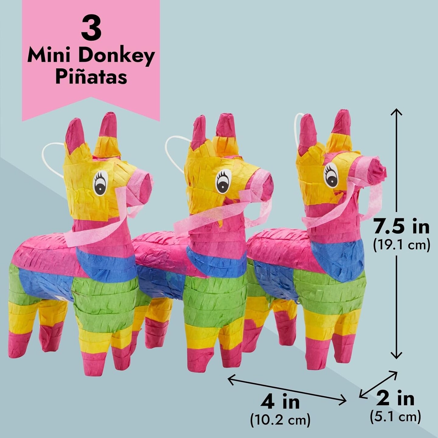 Mini Donkey Pinata - 3 Pack Small Mexican Pinatas for Cinco de Mayo, Mexican Fiestas, Birthday Parties (4 x 7.5 x 2 In)