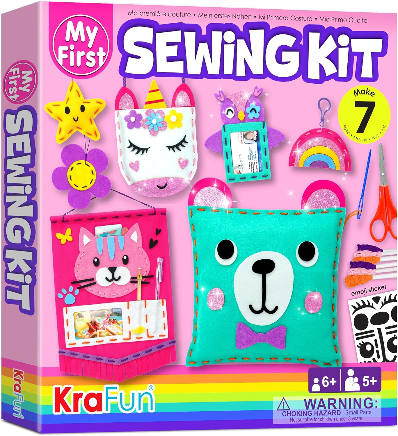 My First Sewing Kit for Beginner Kids Arts &#x26; Crafts, 7 Easy DIY Projects of Stuffed Animal Dolls and Plush Pillow Craft, Instructions &#x26; Felt, Gift for Girls, Boys, Learn to Sew, Embroidery