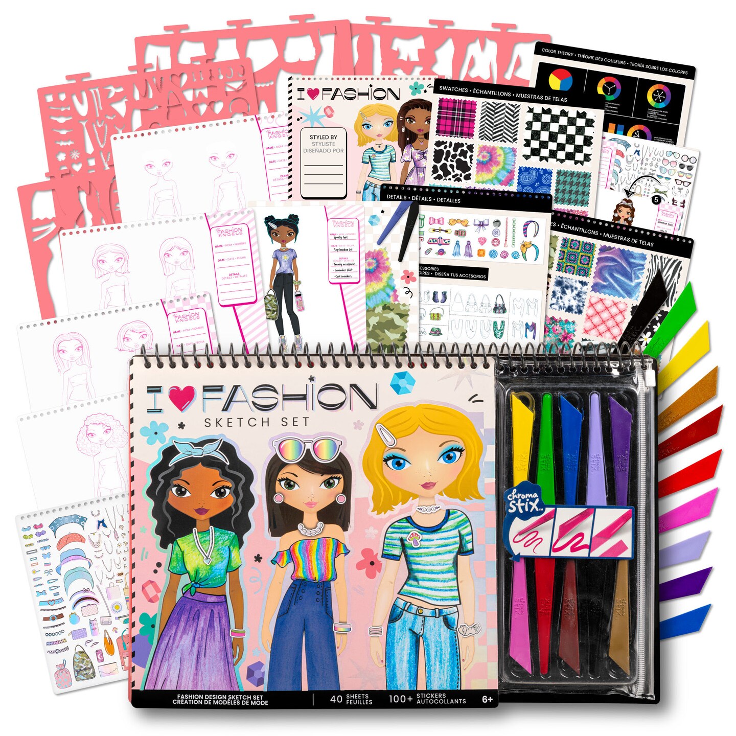 Fashion Angels: Sketch Portfolio Set - I Heart Fashion - Outfit &#x26; Clothing Design Pad, 10 Crayons, Stickers, 4 Stencil Sheets, Girls-Tweens-Kids 6+