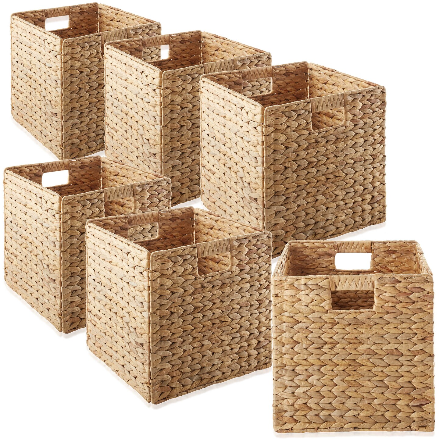 Casafield 13" x 13" Water Hyacinth Storage Baskets, Set of 2 Collapsible Cube Organizers, Woven Bins for Bathroom, Bedroom, Laundry, Pantry, Shelves