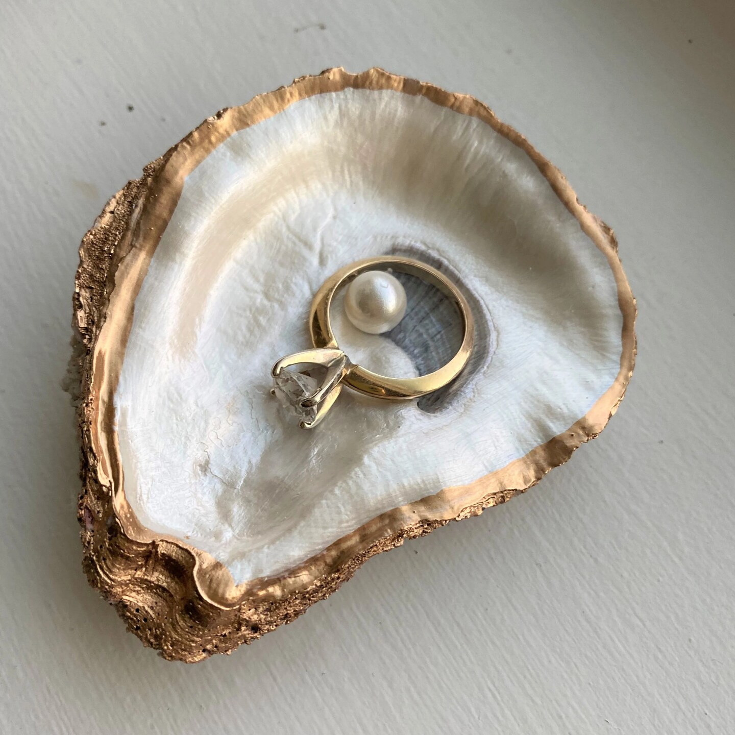 Gold and White Oyster Shell Trinket Dish Oyster Jewelry Holder
