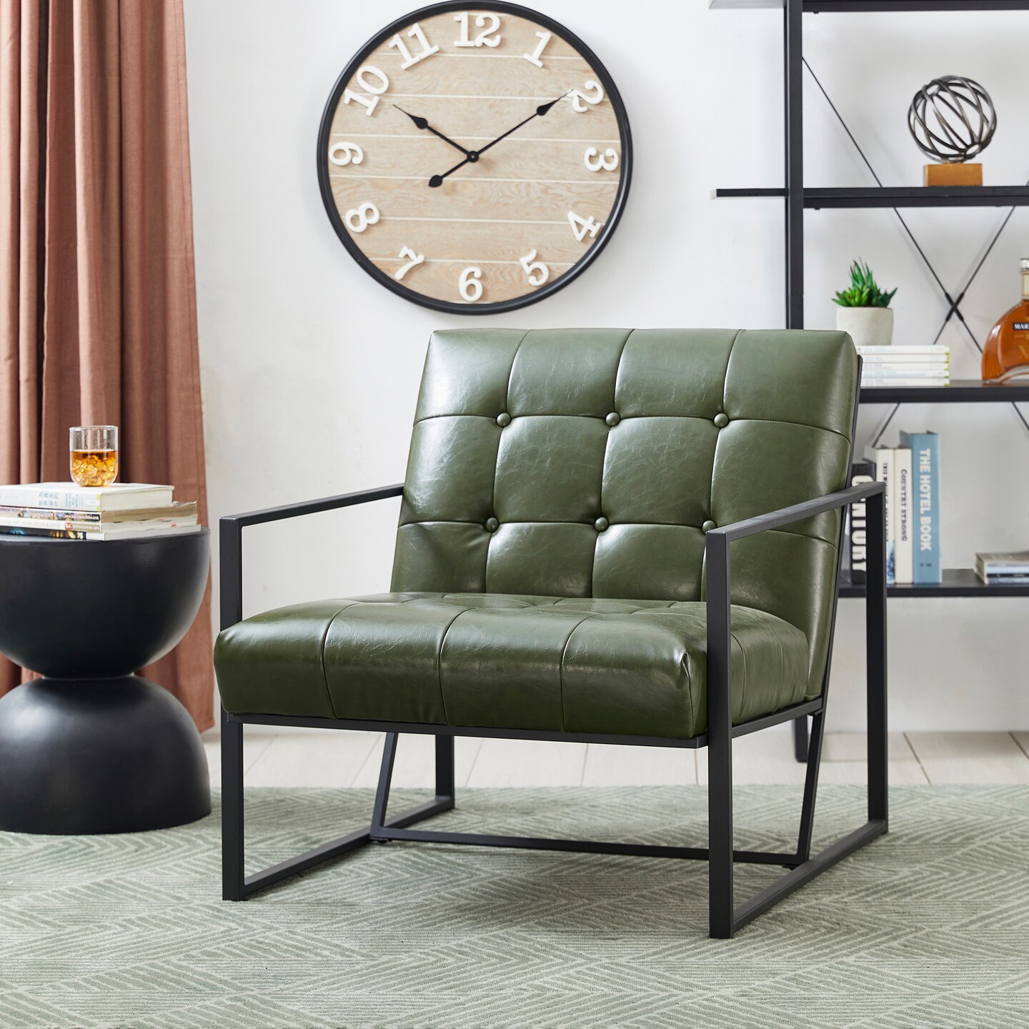 30.5"H Mid-Century Modern Leatherette Button-tufted Accent Arm Chair with Black Metal Frame