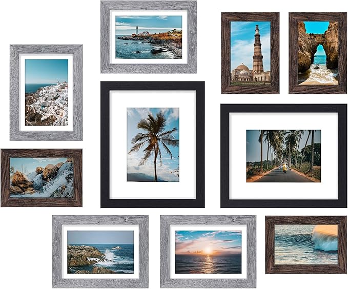 10 Pack Picture Frames Collage Wall Decor, Gallery Frame Set for Wall Mounting or Tabletop Display, Multi Sizes Including 2pcs 8x10, 4pcs 5x7, 4pcs 4x6, Black, Brown and Grey