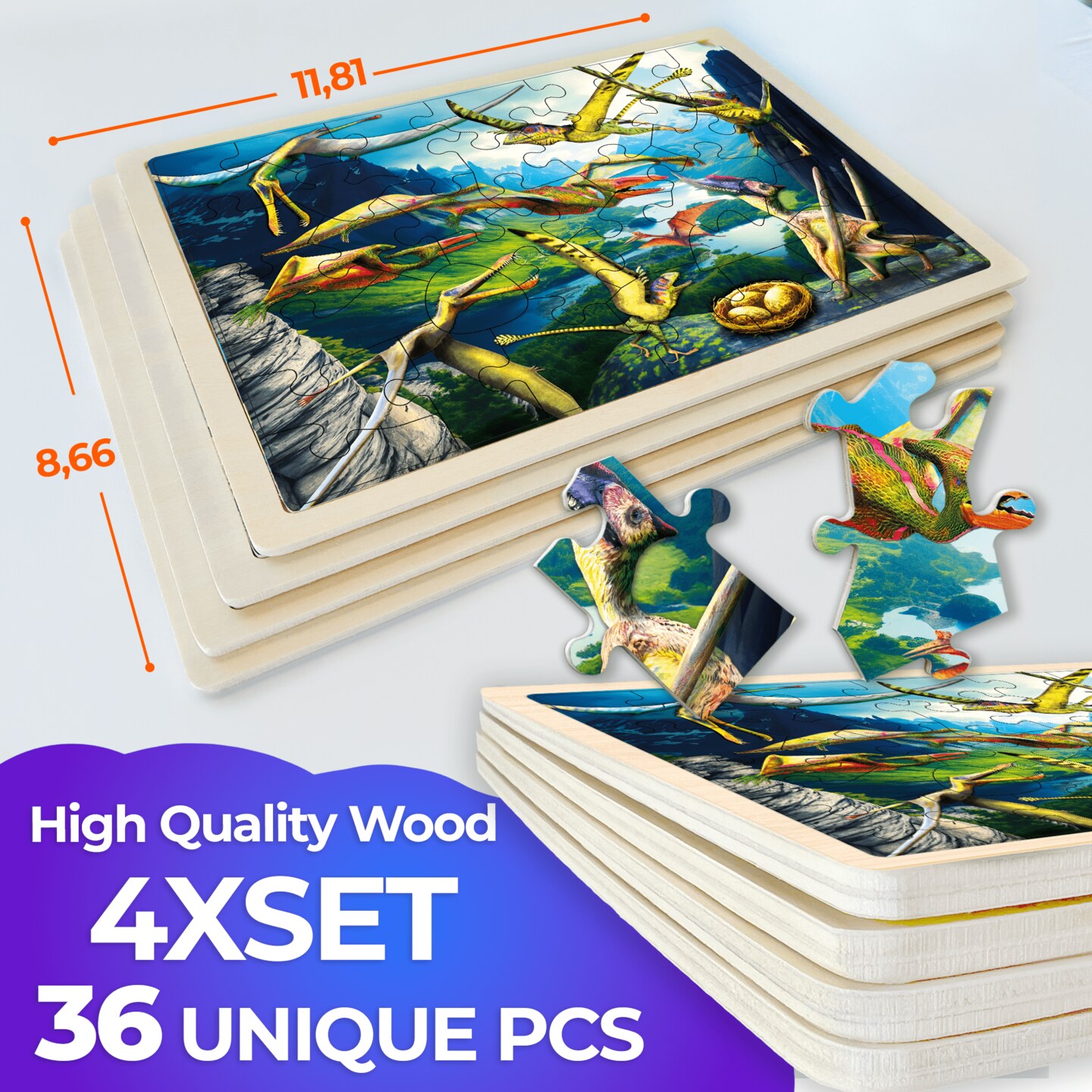 4 Set 36 Pcs Wooden Puzzles for Kids | Dinosaur World
