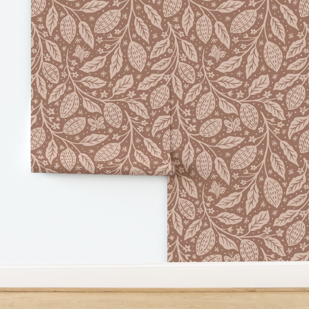 Botanical Rustic Cocoa Hand Drawn Plant Floral Butterfly Boho Cacao Earth Tone Dots Brown Pink Custom Pre-pasted Wallpaper by Spoonflower Pre-Pasted Wallpaper 2FT Wide