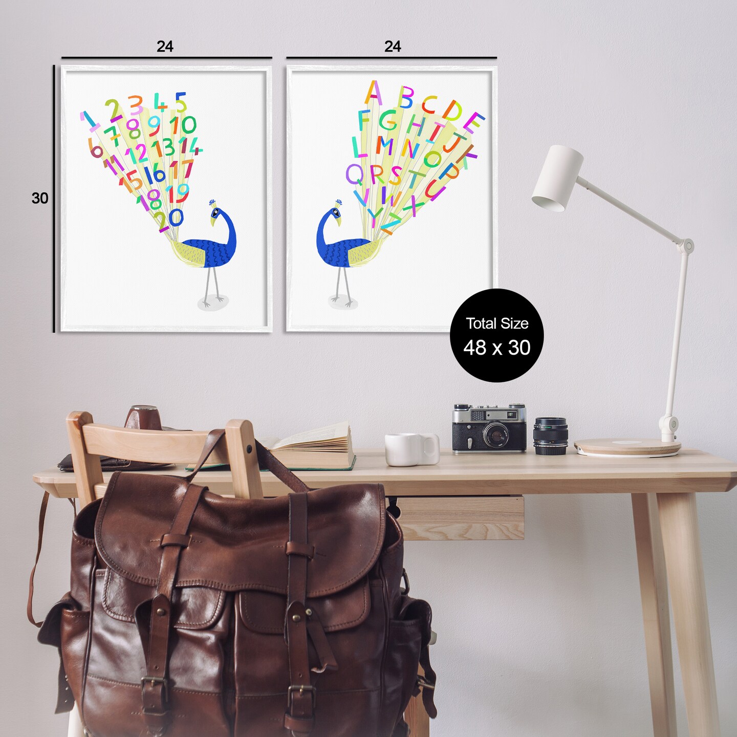 Stupell Industries Peacock Alphabet Numbers 2 pc Framed Giclee Wall Art Set Design by Carla Daly