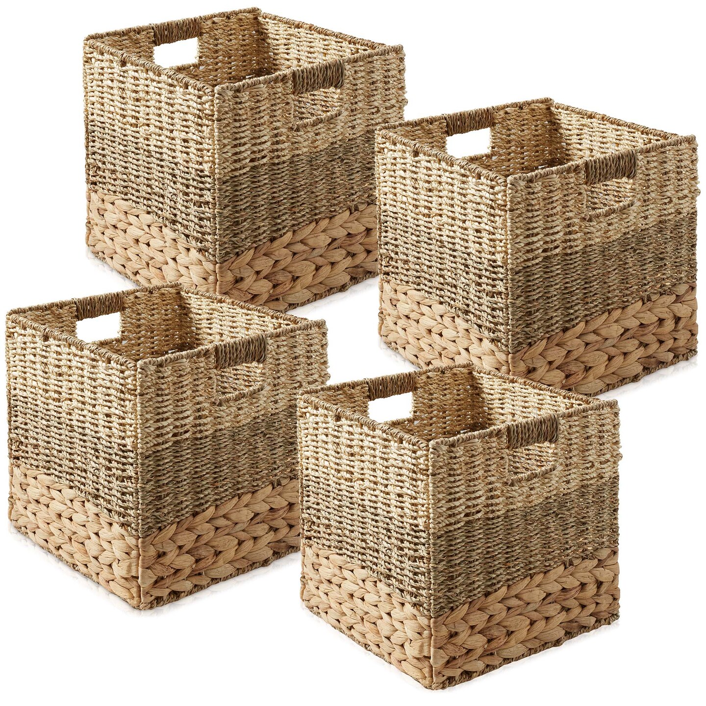 Casafield 12" x 12" Water Hyacinth Storage Baskets, Collapsible Cube Organizers, Woven Bins for Bathroom, Bedroom, Laundry, Pantry, Shelves