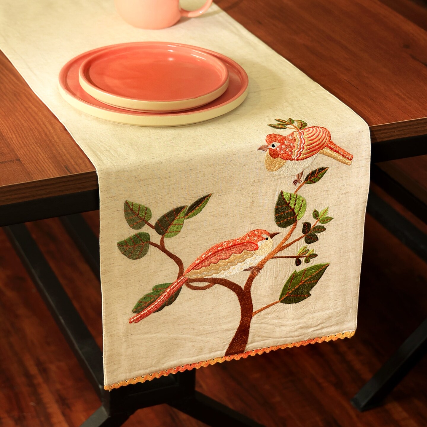 Handcrafted Slub Cotton Table Runner with Embroidery - 72”