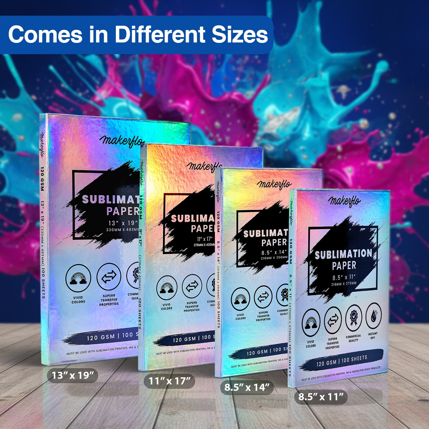 Makerflo Sublimation Paper 13 x 19 Inches 100 Sheets Heat Transfer Paper for Tumblers T-Shirts Phone Cases Mugs Printable Stickers Gifting