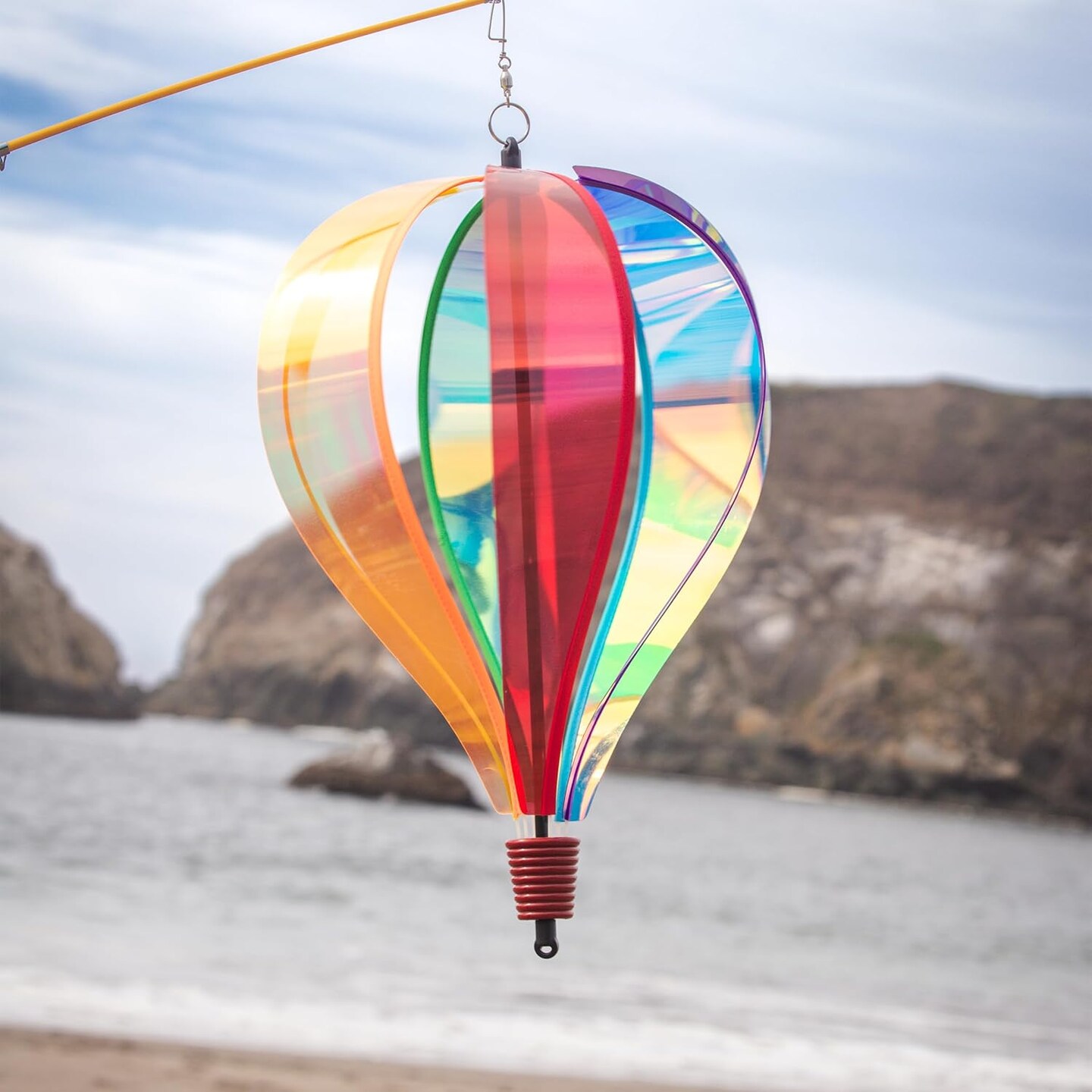 In the Breeze 0973 — Rainbow Iridescent 6-Panel Hot Air Balloon — Vibrant, Shiny Hanging Outdoor Wind Spinner