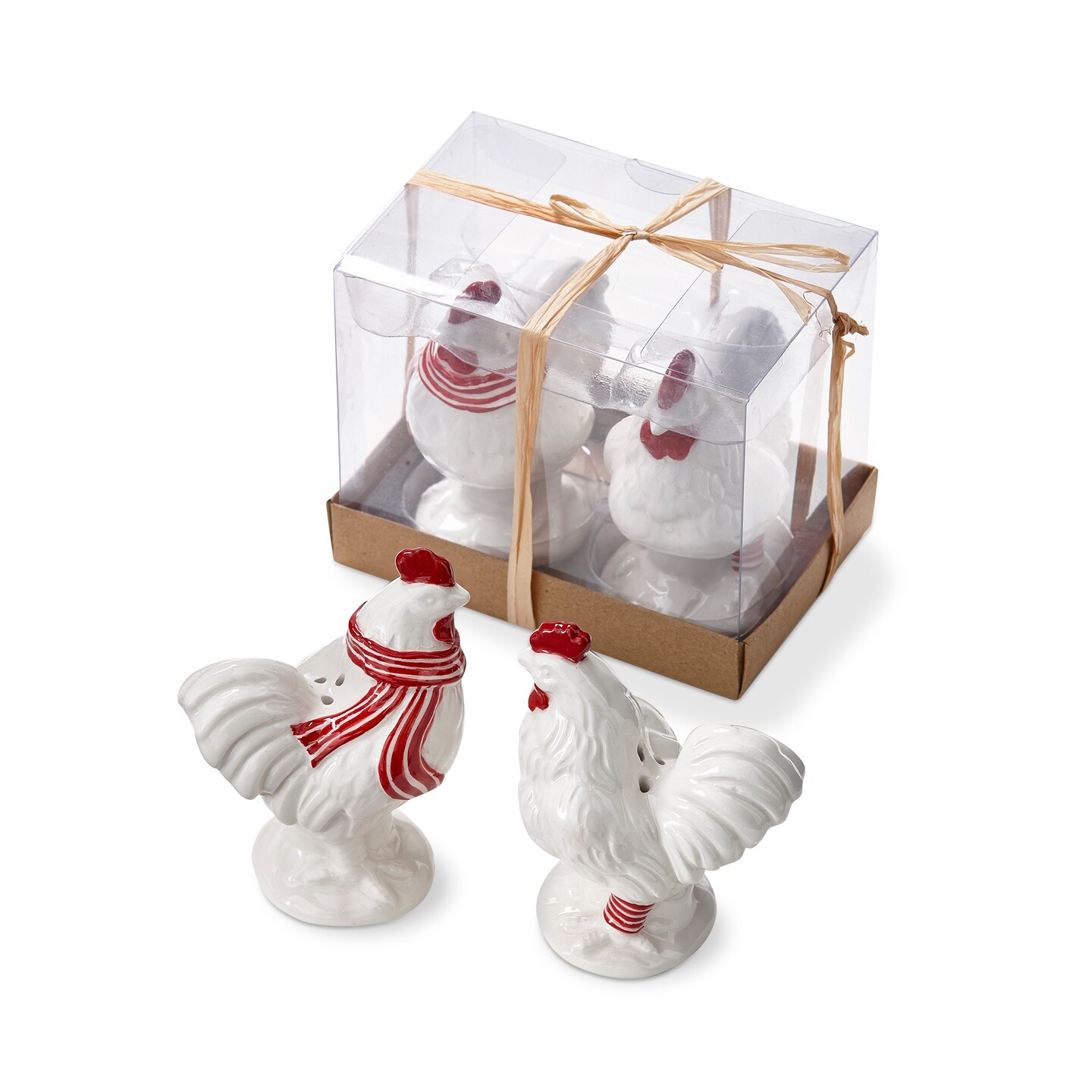 &#x22;Farmhouse Christmas Collection&#x22; Leghorn &#x26; Lillie Holiday Chicken Shaped Earthenware White and Red Salt &#x26; Pepper Shaker Set Of 2