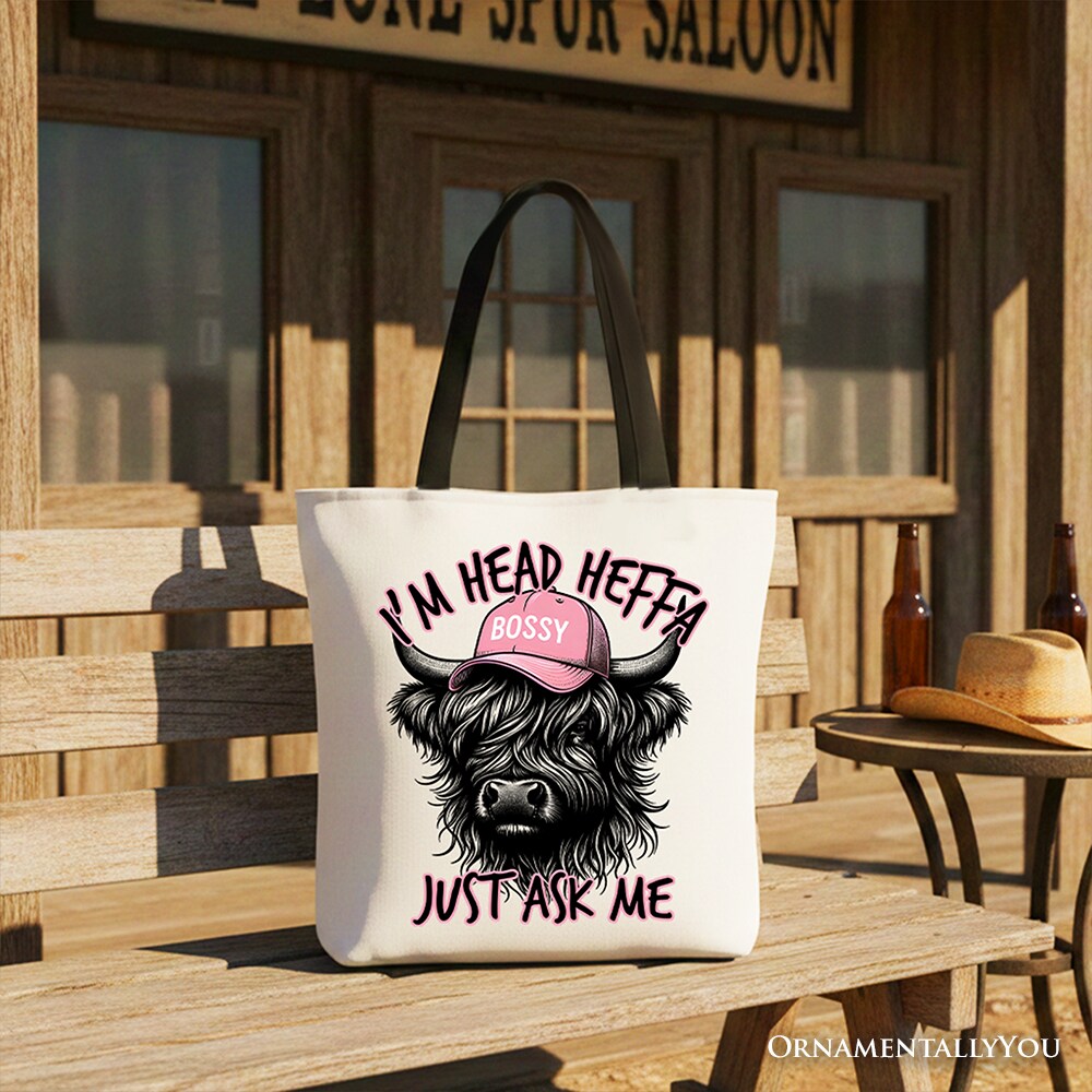 Bossy Highland Cow Canvas Tote Bag, Head Heifer Funny Western Gift Shopper
