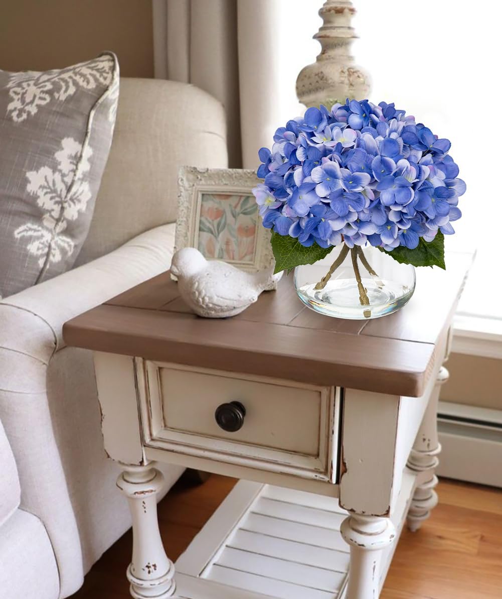 Spring Tabletop Decor – Slate Blue Artificial Hydrangea Flowers with Glass Vase & Faux Water, Silk Hydrangea Arrangement for Home, Bathroom, Office Table Centerpiece, Shelf Decoration